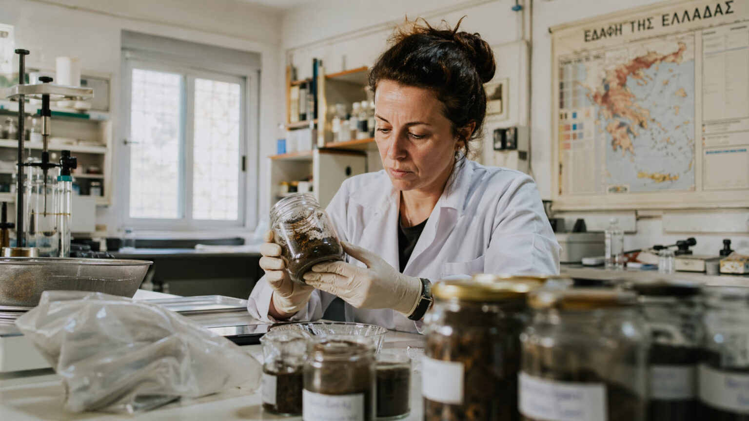 Ein Wissenschaftler wertet in einem Labor in Athen alte Bodenproben aus den 1980er Jahren aus.