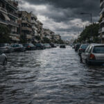 Eine überflutete Straße nach einem schweren Gewitter, Autos stehen im Wasser, dunkle Wolken am Himmel.