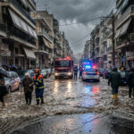 Ein Rettungsfahrzeug der griechischen Feuerwehr steht während starker Regenfälle in einer überfluteten Straße in Attika.