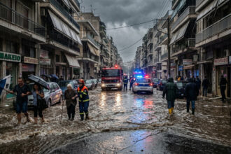 Ein Rettungsfahrzeug der griechischen Feuerwehr steht während starker Regenfälle in einer überfluteten Straße in Attika.