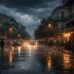 Starke Regenfälle und Unwetter auf einer Straße in Griechenland während der Unwetterfront Erminio.