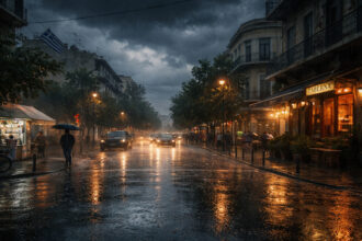 Starke Regenfälle und Unwetter auf einer Straße in Griechenland während der Unwetterfront Erminio.