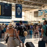 Viele Touristen an einem sonnigen Tag an einem Flughafen in Griechenland, die mit ihrem Gepäck auf Abflüge warten.