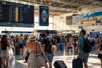 Viele Touristen an einem sonnigen Tag an einem Flughafen in Griechenland, die mit ihrem Gepäck auf Abflüge warten.