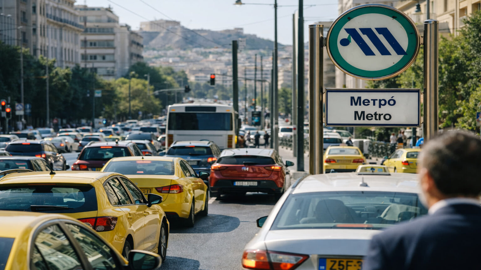 Starker Autoverkehr in Athen mit einem sichtbaren Metro-Schild im Hintergrund.