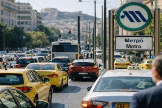 Starker Autoverkehr in Athen mit einem sichtbaren Metro-Schild im Hintergrund.