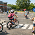 Kinder üben mit Fahrrädern auf einem mobilen Verkehrspark auf einem Schulhof