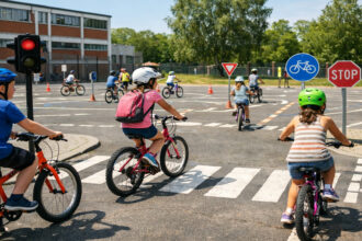Kinder üben mit Fahrrädern auf einem mobilen Verkehrspark auf einem Schulhof