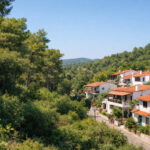 Ein Blick auf ein bewaldetes Grundstück in Griechenland, das an eine Wohnsiedlung grenzt, im Hintergrund Berge.