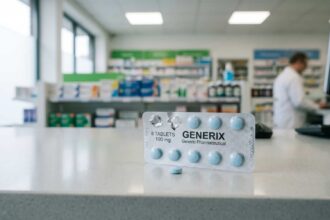 Συσκευασία με φαρμακευτικό χάπι σε πάγκο σύγχρονου φαρμακείου