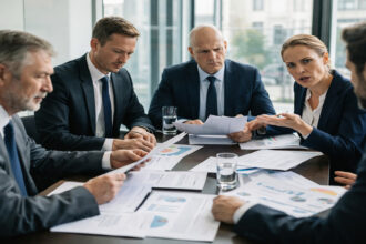 Ein offizielles Treffen zwischen Politikern und Wirtschaftsvertretern in einem Konferenzraum in Zypern.