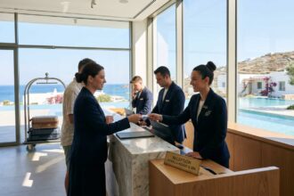 Προσωπικό ξενοδοχείου κατά τη διάρκεια προετοιμασίας στον χώρο υποδοχής μεγάλου τουριστικού καταλύματος