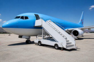Eine Passagiertreppe an einem Flugzeug auf dem Rollfeld eines griechischen Flughafens.