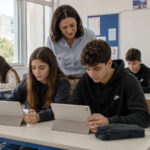 Ein griechisches Klassenzimmer, in dem Schüler an Tablets arbeiten, während eine Lehrkraft im Hintergrund steht.