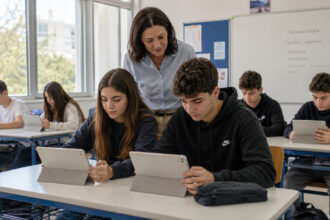Ein griechisches Klassenzimmer, in dem Schüler an Tablets arbeiten, während eine Lehrkraft im Hintergrund steht.