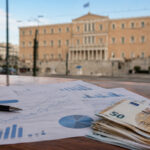 Finanzdiagramme und Euroscheine auf einem Tisch mit Blick auf ein griechisches Regierungsgebäude