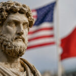 Eine antike griechische Statue im Vordergrund, unscharf im Hintergrund die Flaggen der USA und Chinas.