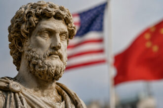 Eine antike griechische Statue im Vordergrund, unscharf im Hintergrund die Flaggen der USA und Chinas.