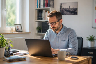 Εργαζόμενος σε home office στη Γερμανία με φορητό υπολογιστή