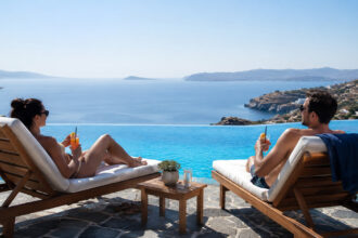 Ein Paar entspannt am Rande eines ruhigen Infinity-Pools in einem luxuriösen Resort in Griechenland, typisch für den Adults-Only-Trend.