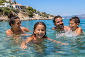 Glückliche Familie mit zwei Kindern beim Schwimmen im kristallklaren Meer während eines Sommerurlaubs in Griechenland.