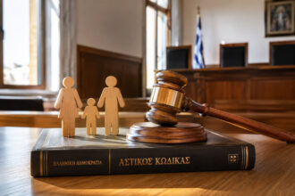Ein hölzerner Richterhammer ruht auf einem juristischen Buch neben stilisierten Holzfiguren einer Familie, stellvertretend für das moderne Familienrecht in Griechenland.