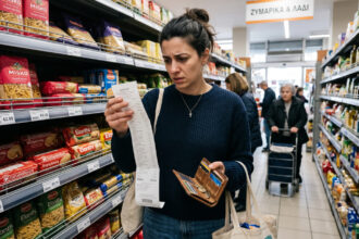 Eine nachdenkliche junge Frau betrachtet einen Kassenbon in einem Supermarkt in Athen.
