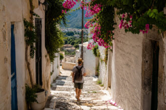 Eine typische Gasse mit weißen Häusern und Blick auf das Meer auf einer griechischen Insel im Sommer.