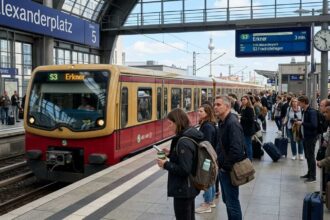 Συρμός του S-Bahn στο Βερολίνο αναχωρεί από σύγχρονο σιδηροδρομικό σταθμό