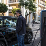 Eine moderne Elektroauto-Ladestation in Athen, an der ein neues Elektrofahrzeug im Jahr 2026 geladen wird.
