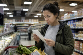 Ein griechischer Verbraucher prüft die gestiegenen Preise von Lebensmitteln in einem Supermarkt.