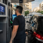 Eine Person tankt an einer griechischen Tankstelle ein Auto, während der Fokus auf der digitalen Zapfsäulenanzeige liegt