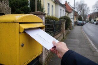 Κίτρινο γερμανικό γραμματοκιβώτιο με επίσημο φάκελο αλληλογραφίας