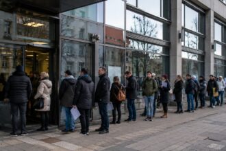 Πολίτες περιμένουν έξω από κτίριο υπηρεσίας απασχόλησης στη Γερμανία