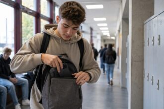 Ένας μαθητής βάζει το smartphone του στην τσάντα του μέσα σε σχολείο της Γερμανίας.
