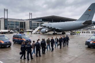 Γερμανικό αεροδρόμιο με αστυνομικές δυνάμεις κατά τη διάρκεια διαδικασίας απέλασης Αφγανών πολιτών