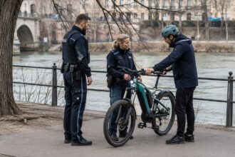 Αστυνομικός ελέγχει ηλεκτρικό ποδήλατο σε ποδηλατόδρομο του Μονάχου