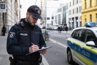 Αστυνομικός στο Βερολίνο κρατάει έγγραφα και γράφει αναφορά στο δρόμο