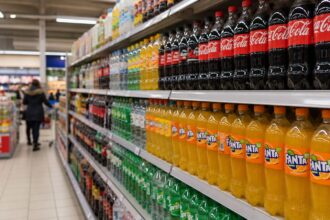 Ράφια γεμάτα με μπουκάλια Coca-Cola και αναψυκτικά σε γερμανικό σούπερ μάρκετ.
