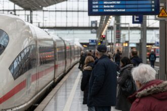 Ένα λευκό τρένο ICE της Deutsche Bahn σταματημένο σε σιδηροδρομικό σταθμό της Γερμανίας με επιβάτες να περιμένουν.