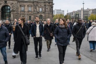 Πολίτες περπατούν σε κεντρικό δρόμο της Γερμανίας με φόντο κλασική αρχιτεκτονική.