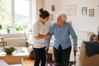 Επαγγελματίας φροντιστής παρέχει υποστήριξη σε ηλικιωμένο άτομο μέσα σε οικιακό περιβάλλον στη Γερμανία