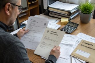 Φορολογικά έγγραφα και υπολογιστής γραφείου σε φορολογική υπηρεσία στη Γερμανία
