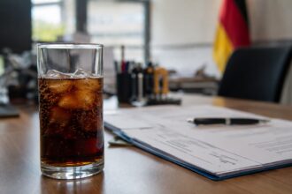 Ένα ποτήρι με αναψυκτικό χωρίς ζάχαρη στο γραφείο, δίπλα σε οικονομικά έγγραφα για τον φόρο ζάχαρης.