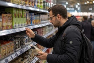 Καταναλωτής εξετάζει προσεκτικά την ετικέτα τιμής σε ράφι γερμανικού σούπερ μάρκετ