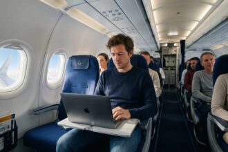 Επιβάτης σε καμπίνα αεροσκάφους της Lufthansa που χρησιμοποιεί φορητή συσκευή με σύνδεση Starlink WiFi