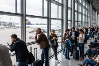 Επιβάτες σε γερμανικό αεροδρόμιο περιμένουν την αναχώρηση της πτήσης τους το χειμώνα