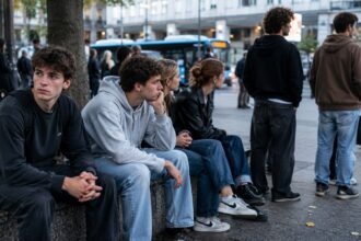 Νέοι ενήλικες στη Γερμανία που στέκονται σκεφτικοί σε αστικό περιβάλλον.
