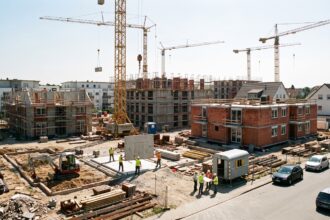 Εργοτάξιο με γερανούς και ημιτελή κτίρια κατοικιών σε αστική περιοχή της Γερμανίας.