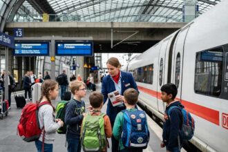 Συνοδός της Deutsche Bahn μαζί με παιδιά σε αποβάθρα τρένου ICE στη Γερμανία